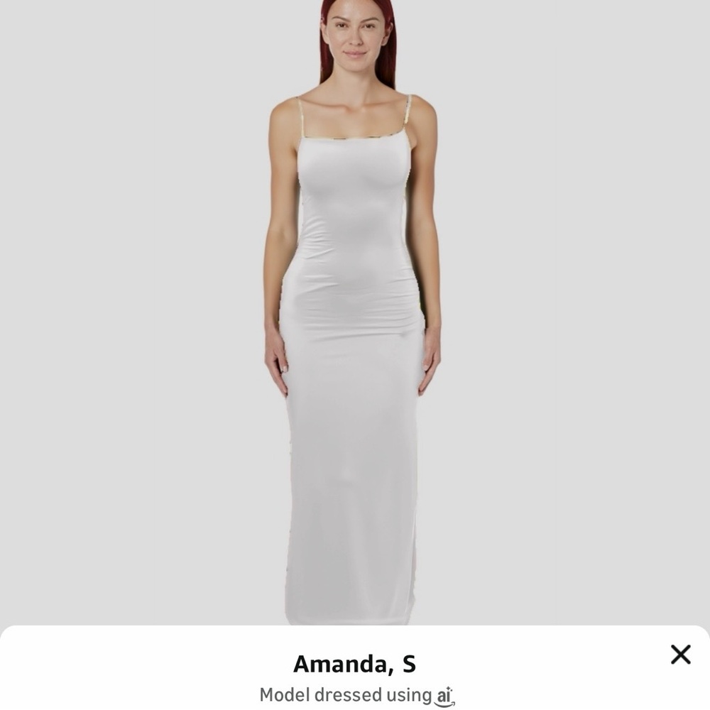 💃🏻 LILLUSORY Women’s White Spaghetti Strap Double-Lined Bodycon Maxi Dress - Picture 5 of 13